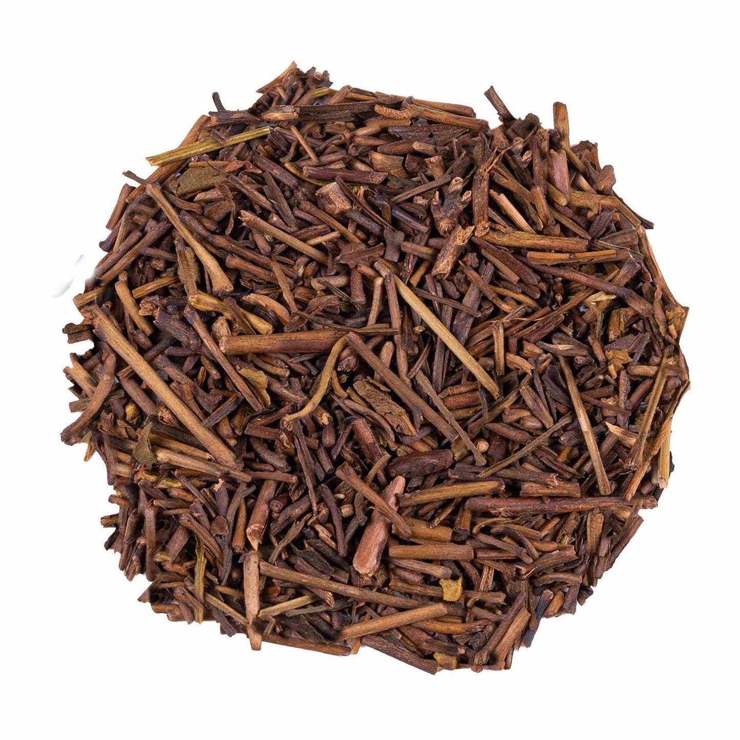 Toasted Japanese Kukicha green tea made from roasted stems and stalks, with a smooth, nutty and gently coffee-like character.
