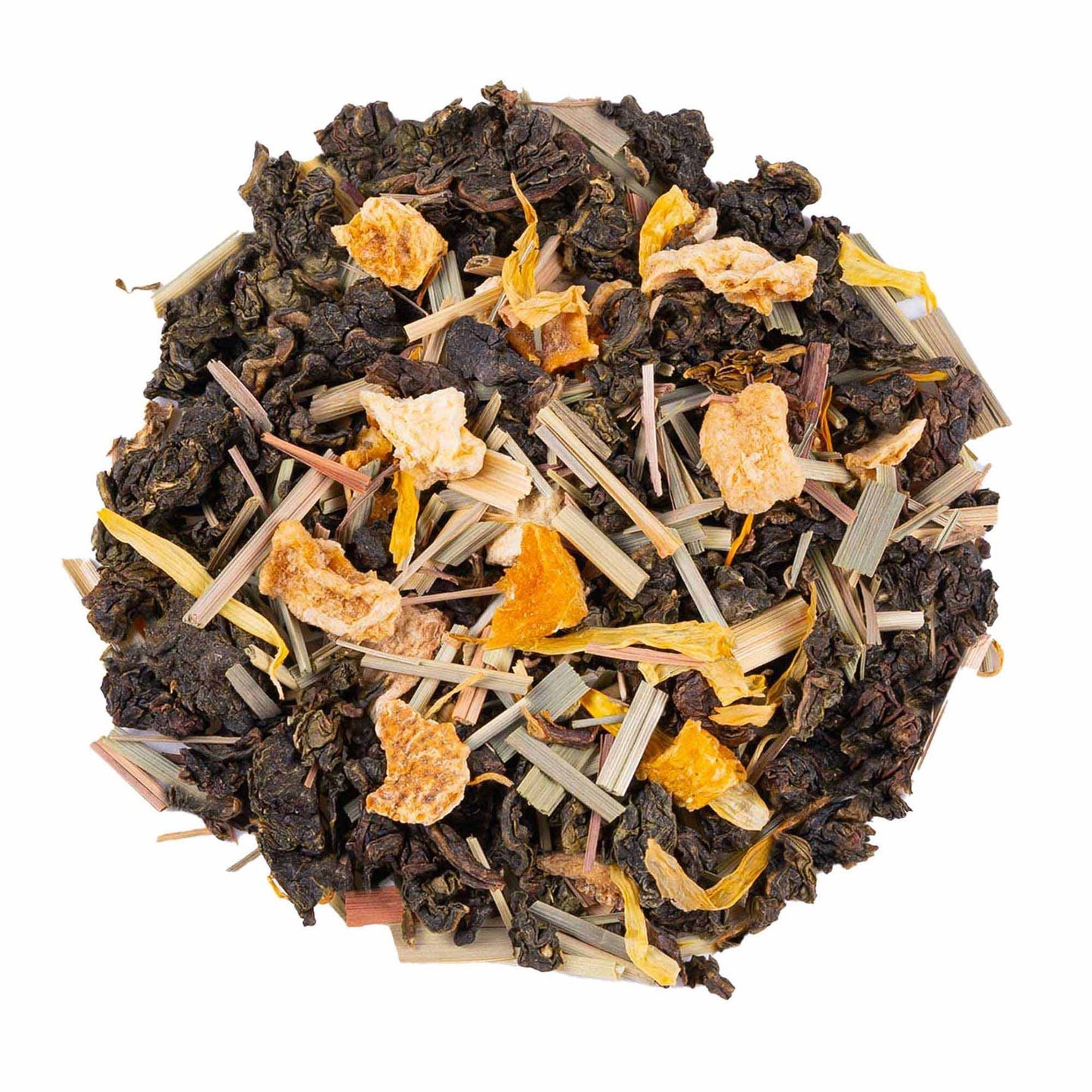 Peach Sunlight oolong tea with peach, apricot, lemongrass, lemon peel and golden marigold petals by Lunula Tea.