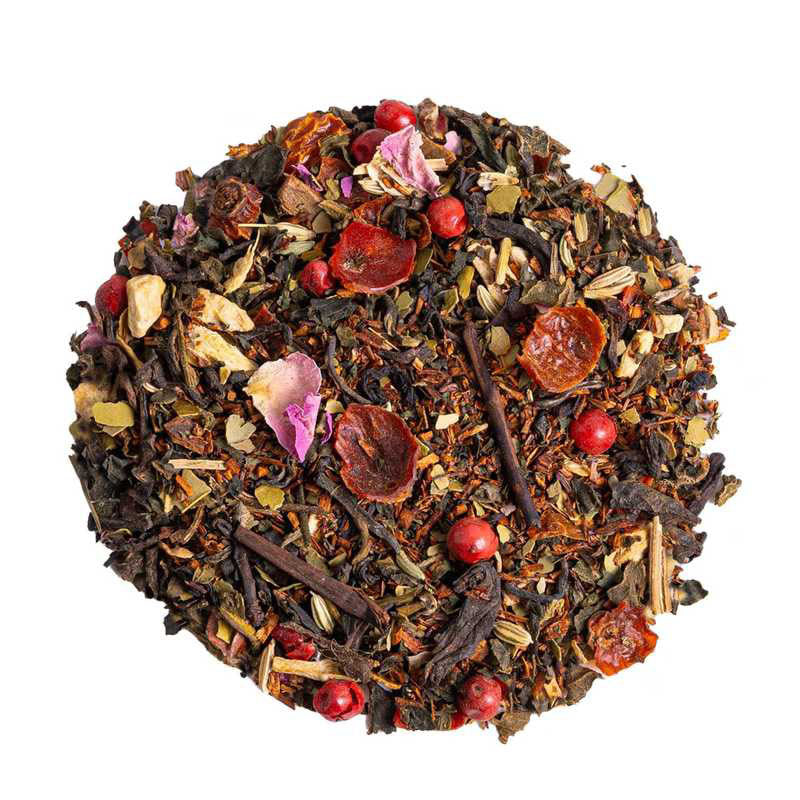 Women’s Power organic loose-leaf tea blend with jasmine green tea, Pu-Erh, rooibos, mate, cacao nibs, strawberry, rose petals and warming spices by Lunula Tea.