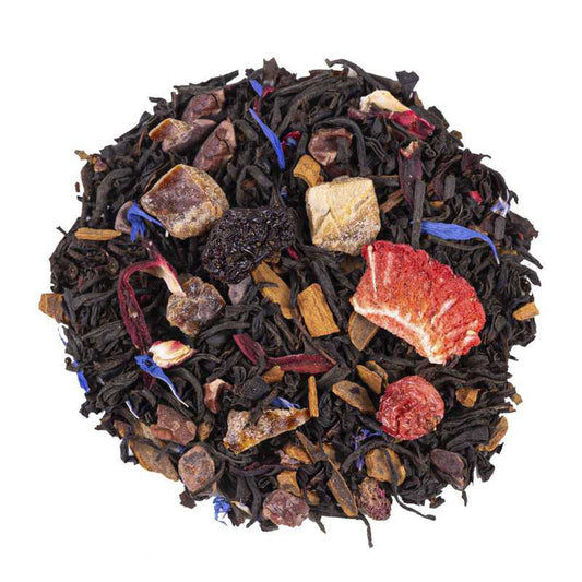 Choco-Berry Symphony black tea blend with Assam tea, cacao nibs, sour cherry, strawberry, redcurrant, vanilla, and blue cornflower petals.
