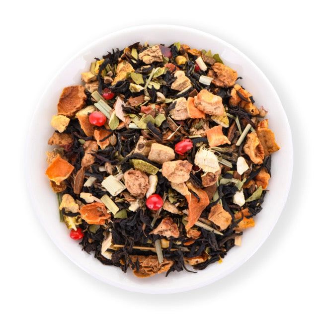 Braveheart organic black tea blend with mate, cinnamon, ginger, orange peel and warming spices