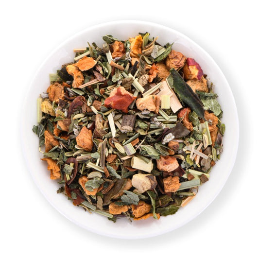 Calm Core organic white tea blend with apple, cinnamon, lemon balm, cocoa shells and herbs