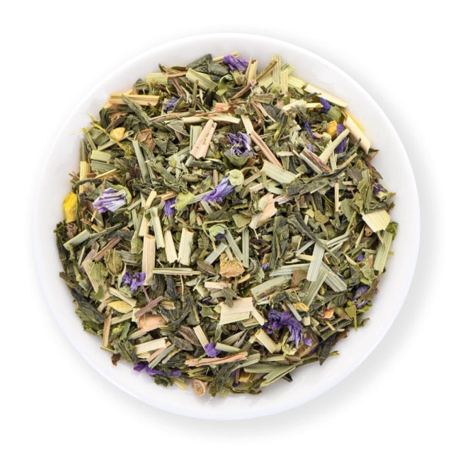Focus green tea blend with matcha, mate, peppermint, lemongrass, ginger, rosemary, guarana, ginkgo leaves and mallow blossoms.