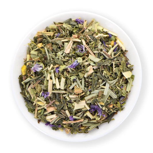 Focus green tea blend with matcha, mate, peppermint, lemongrass, ginger, rosemary, guarana, ginkgo leaves and mallow blossoms.