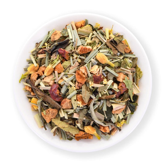 Free Spirit white tea blend with peach, apple, lemongrass, lavender, peppermint, elderflower, jasmine and lemon verbena.