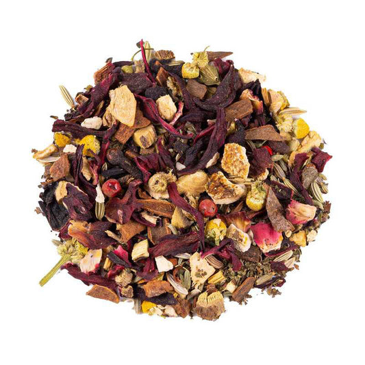 Tranquil Harmony organic herbal infusion with spearmint, cinnamon, hibiscus, orange peel, camomile, ginger, fennel and cardamom by Lunula Tea.