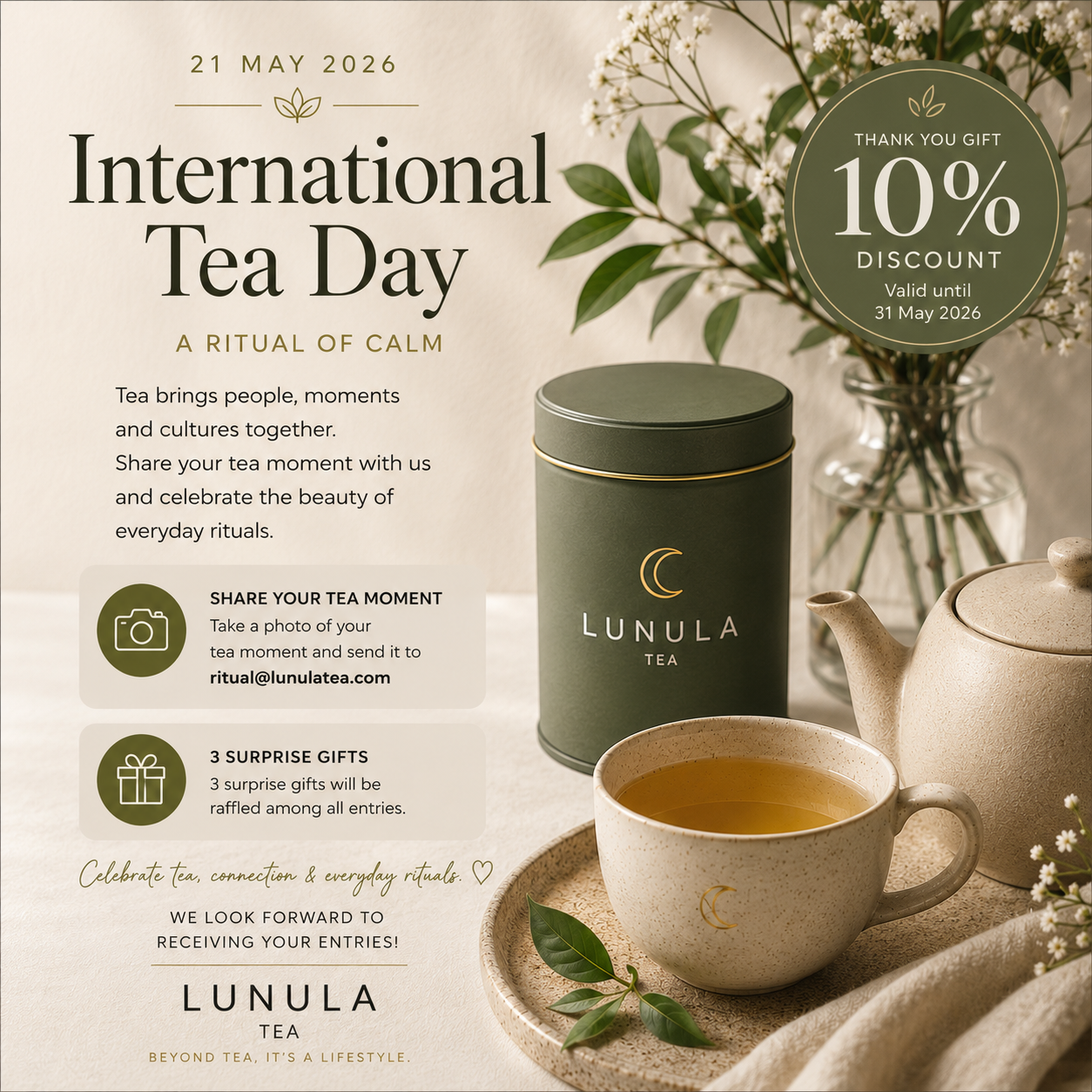 Promotional image for International Tea Day with Lunula Tea products and discount offer.