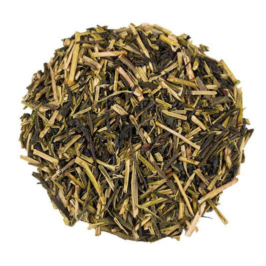 Organic Japanese Kukicha green tea made from fine stems and leaf veins, with a smooth, gently sweet and lightly nutty character.