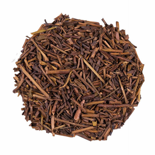 Toasted Japanese Kukicha green tea made from roasted stems and stalks, with a smooth, nutty and gently coffee-like character.