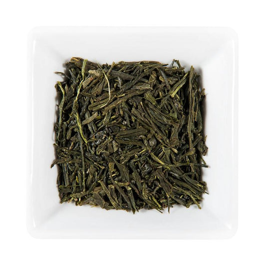 Organic Korean Jeoncha green tea with long, flat steamed leaves and a fresh, smooth vegetal character.