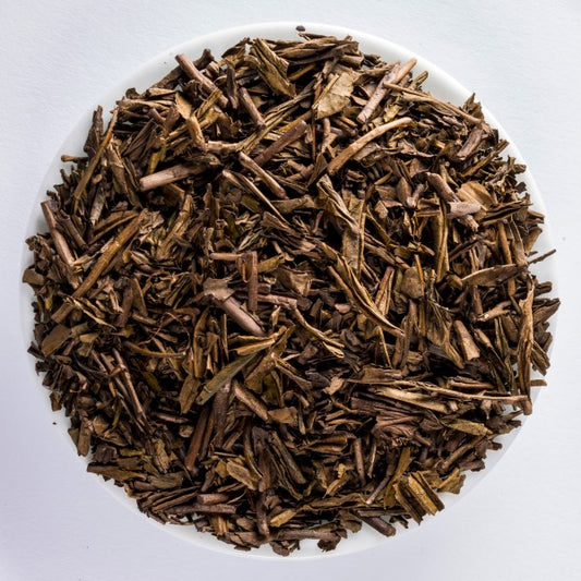 Kagoshima Hojicha roasted Japanese green tea with brown leaves and a smooth, nutty, toasted character.
