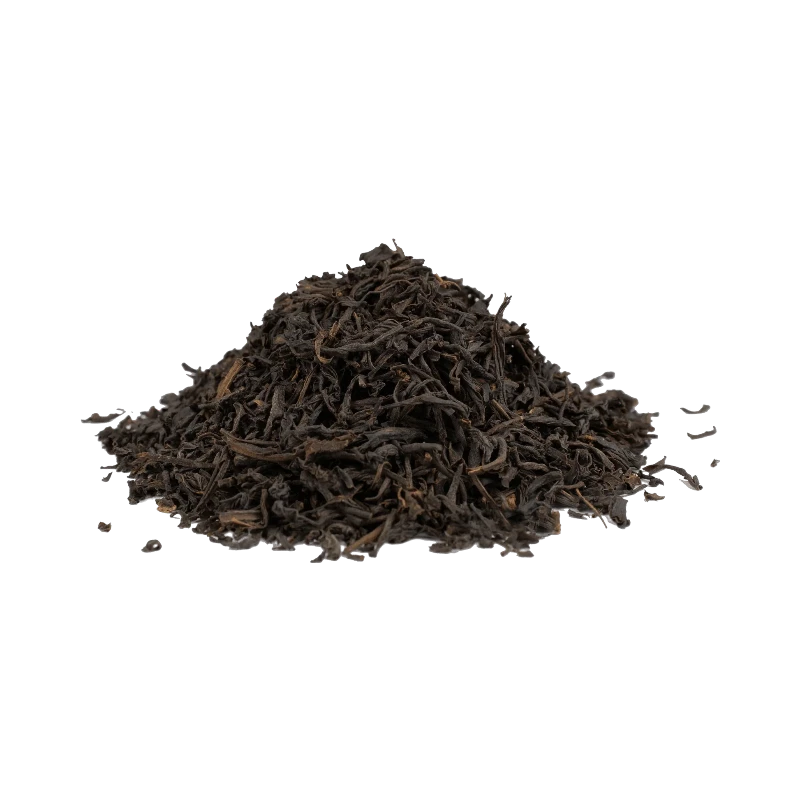 Lapsang Souchong Chinese black tea with dark twisted leaves and a bold smoky, woody character.