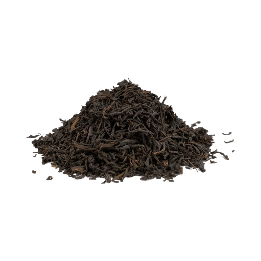 Lapsang Souchong Chinese black tea with dark twisted leaves and a bold smoky, woody character.