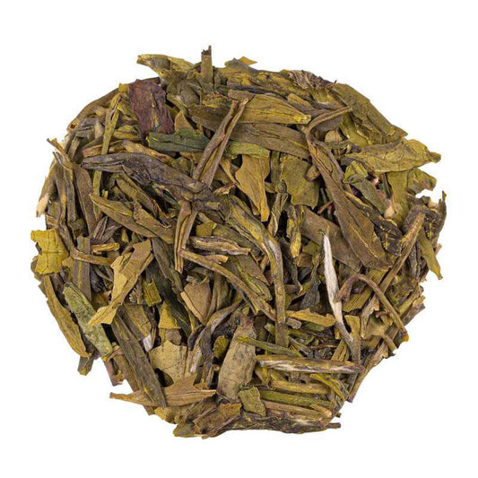 Lung Ching Chinese green tea with flat leaves and a fresh, smooth, gently nutty character.