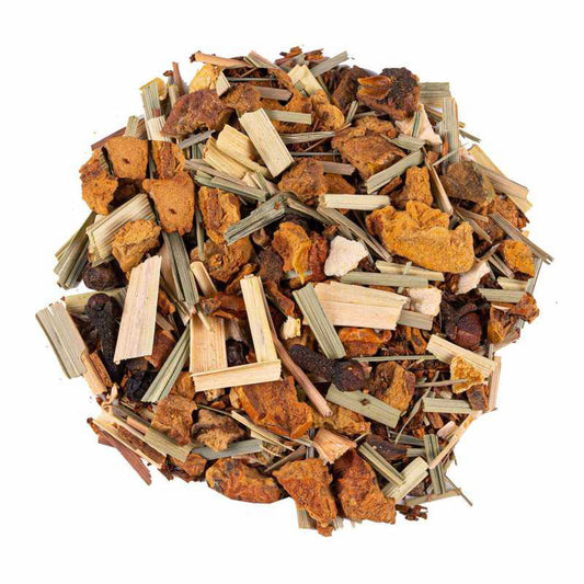 Men’s Power organic rooibos blend with apple, lemongrass, ginger, cinnamon, orange peel, cloves, black pepper and chilli.
