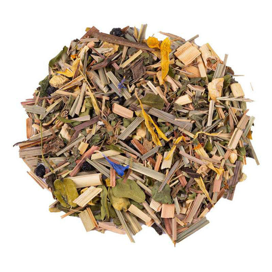 Mighty Moon organic herbal infusion with lemongrass, moringa, fennel, spearmint, elderberry, lemon balm, ginger, passionflower and floral petals.