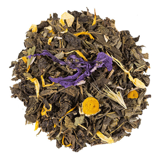 Night Care organic Bancha green tea blend with chamomile, lemon balm, spearmint, coconut, lime, valerian, moringa and floral blossoms.