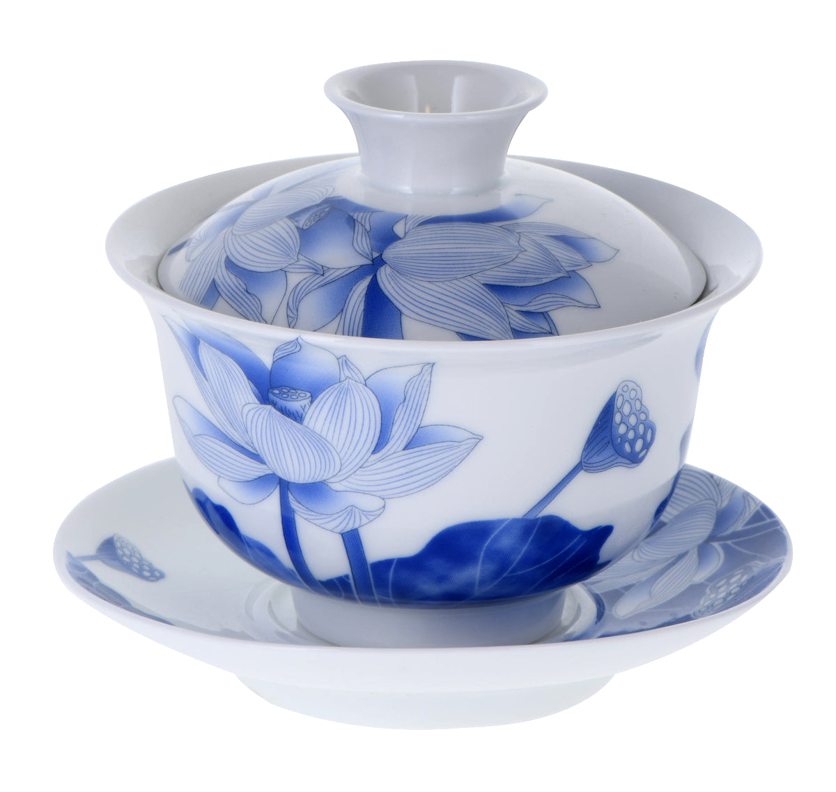 White porcelain gaiwan with blue lotus patterns.