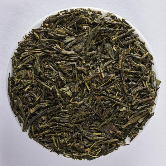 Shizuoka Gabalong Japanese green tea with deep green leaves and a smooth golden-green infusion by Lunula Tea.