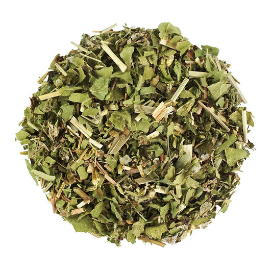 Small Miracle organic honeybush herbal infusion with lemongrass, raspberry leaves, rosemary, basil, yarrow and lady’s mantle by Lunula Tea.