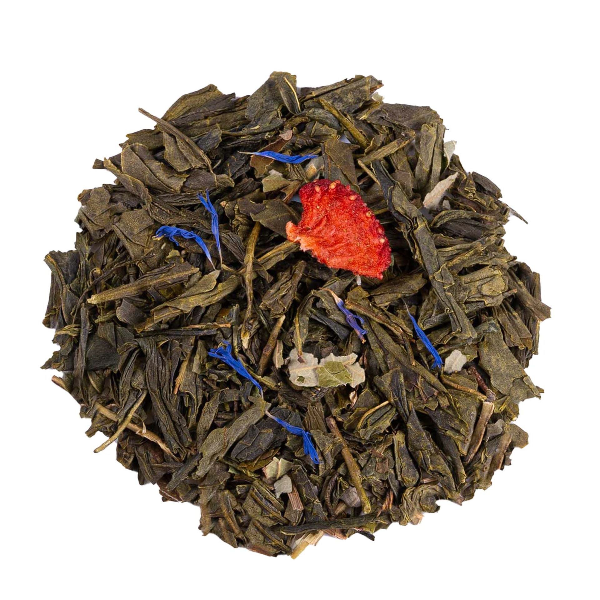 Strawberry Breeze green tea with sencha, spearmint, strawberry pieces, cornflower petals and acerola by Lunula Tea.