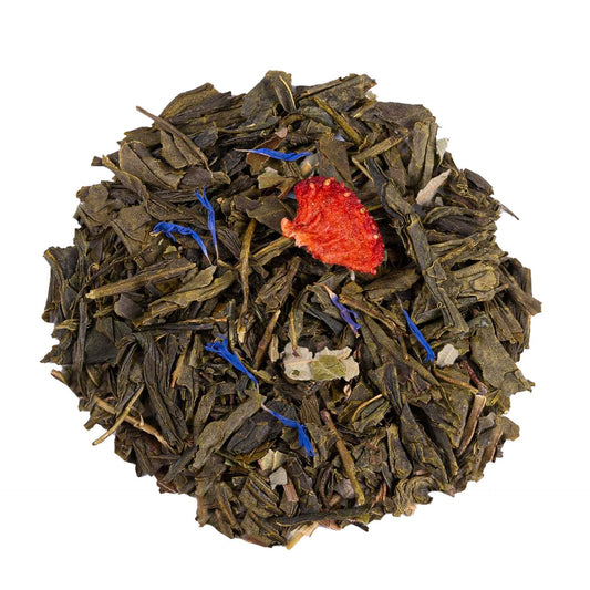 Strawberry Breeze green tea with sencha, spearmint, strawberry pieces, cornflower petals and acerola by Lunula Tea.