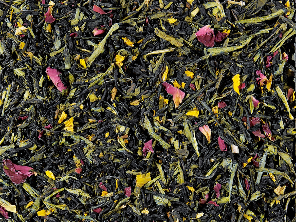 The Emperor’s 7 Treasures loose-leaf black and green tea blend with rose petals and golden sunflower blossoms by Lunula Tea.