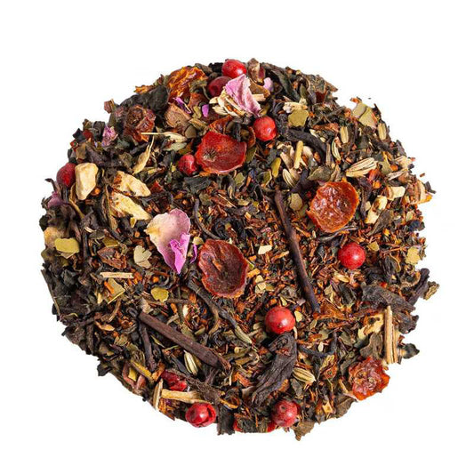 Women’s Power organic loose-leaf tea blend with jasmine green tea, Pu-Erh, rooibos, mate, cacao nibs, strawberry, rose petals and warming spices by Lunula Tea.