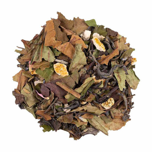 Zen Harmony white and green tea blend with lemon peel, spearmint, lavender, rose petals, ginger and cardamom by Lunula Tea.